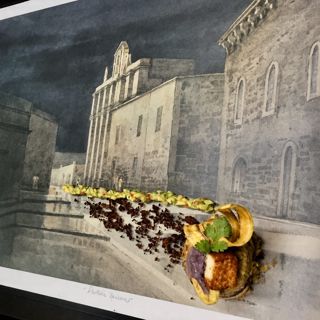 Brand-inspired culinary presentation by Chef Laura Rizek plated over artwork